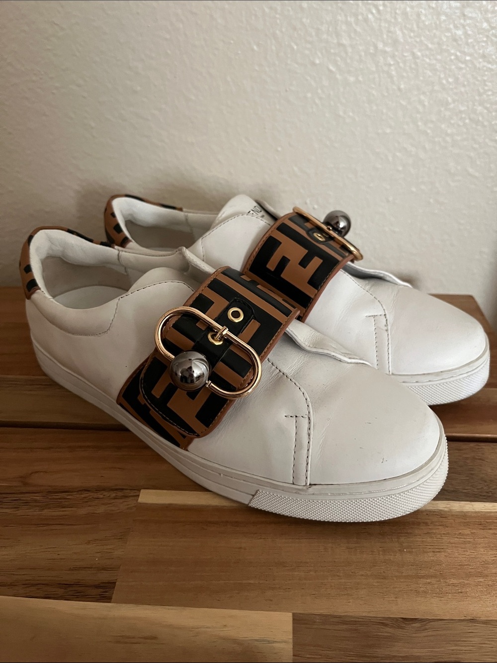 Fendi White Leather Sneakers with Black & Brown Logo Buckle